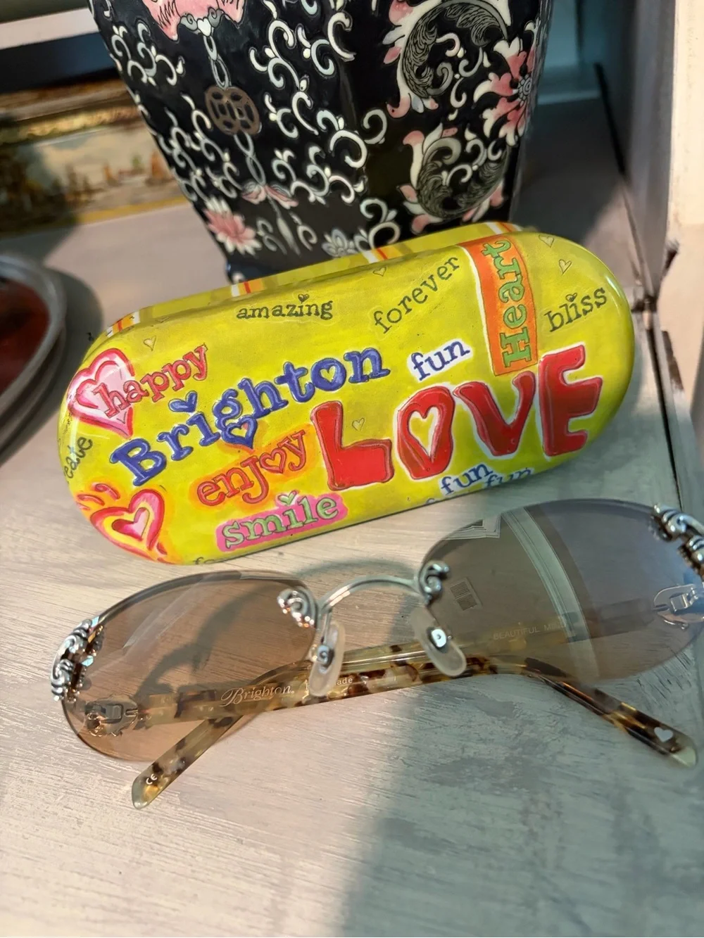 Brighton Beautiful Mind Rimless Sunglasses Brown Silver Scrollwork + Case